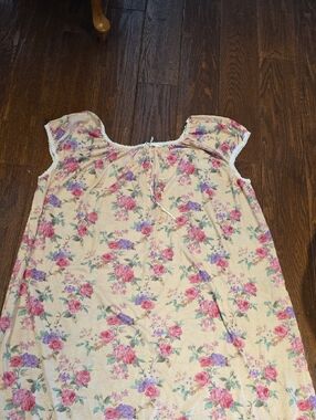 New 3X Cotton Floral Bow & Lace Nightgown in Cream with Pink & Purple Roses C